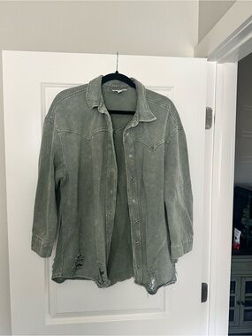 12th Tribe Washed Olive Green Snap-Front Jean Jacket